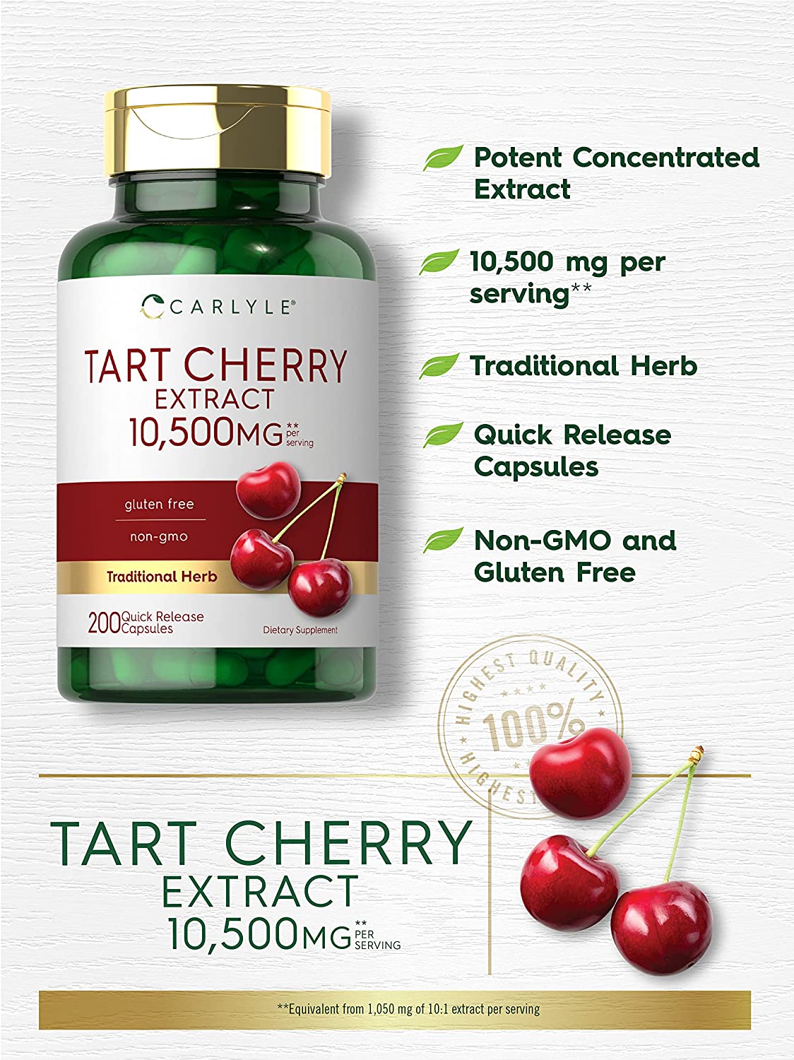 Carlyle Tart Cherry Capsules | 10,500mg | 200 Pills | Max Potency | Tart Cherry Juice Extract, Features