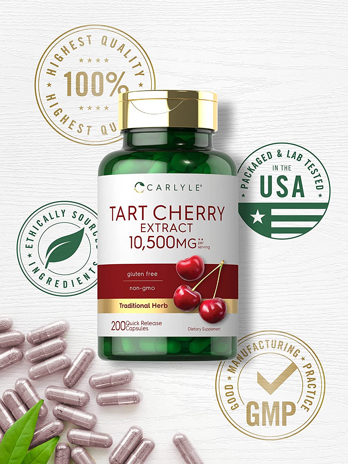 Carlyle Tart Cherry Capsules | 10,500mg | 200 Pills | Max Potency | Tart Cherry Juice Extract, Features