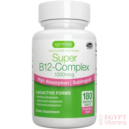 Igennus Super B12-Complex 1000mcg, Sublingual Vitamin B12, Methylcobalamin, Adenosylcobalamin & Hydroxocobalamin, Clean Label, High Absorption, 180 Servings
