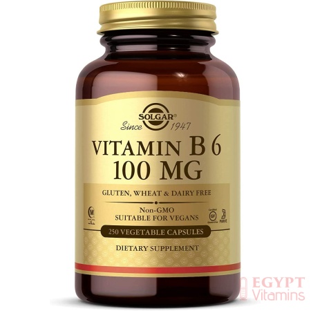 Solgar Vitamin B6 100 mg, Supports Energy Metabolism, Heart Health &Healthy Nervous System ,250 Capsules سولجار فيتامين6ب 100 مجم للكبسولة ، لصحة القلب والجهاز العصبى و زيادة إنتاج الطاقة ، 250 كبسولة نباتية