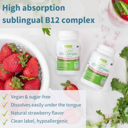 Igennus Super B12-Complex 1000mcg, Sublingual Vitamin B12, Methylcobalamin, Adenosylcobalamin & Hydroxocobalamin, Clean Label, High Absorption, 180 Servings
