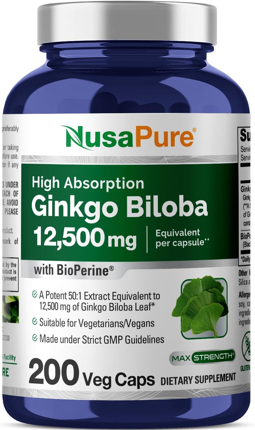 Nusapure Ginkgo Biloba Extract 12500 mg, 200 Capsulesخلاصة الجنكو بيلوبا تركيز 12500 مجم عالى الامتصاص ،200 كبسولة