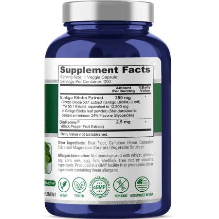 ingredients of Nusapure Ginkgo Biloba Extract 12500 mg, 200 Capsules