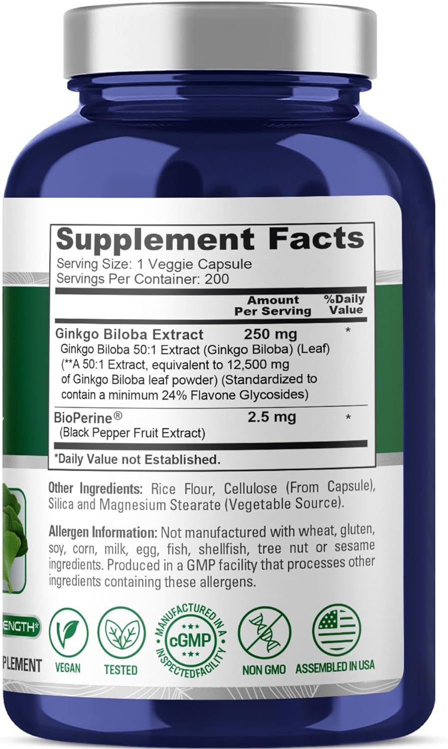 ingredients of Nusapure Ginkgo Biloba Extract 12500 mg, 200 Capsules