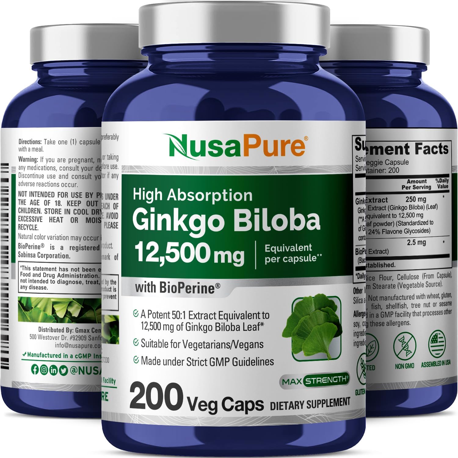 Nusapure Ginkgo Biloba Extract 12500 mg, 200 Capsules