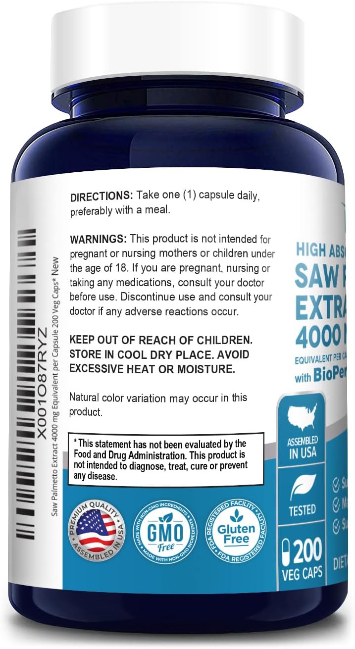 NusaPure Saw Palmetto Extract 4,000mg,with Bioperine, 200 Capsules