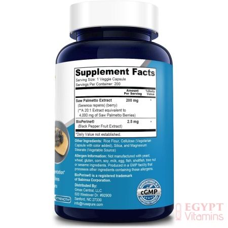 NusaPure Saw Palmetto Extract 4,000mg,with Bioperine, 200 Capsules