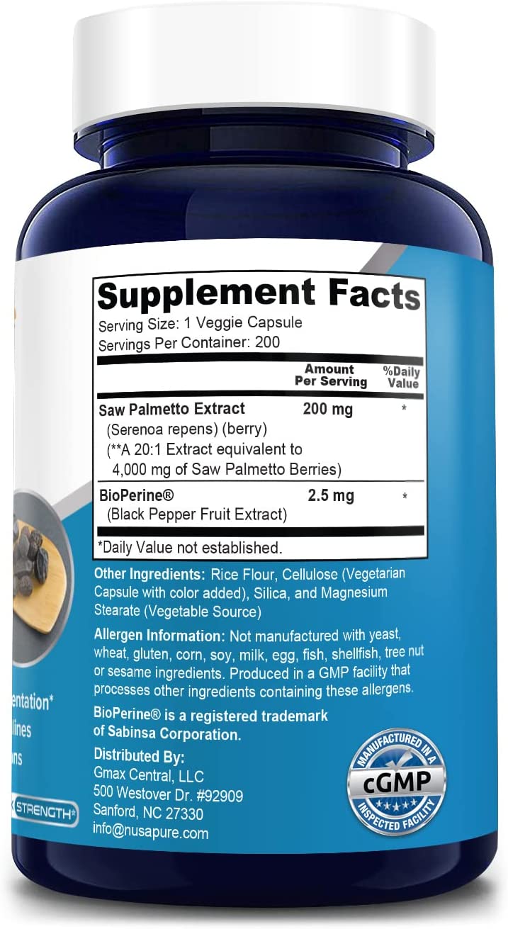 NusaPure Saw Palmetto Extract 4,000mg,with Bioperine, 200 Capsules