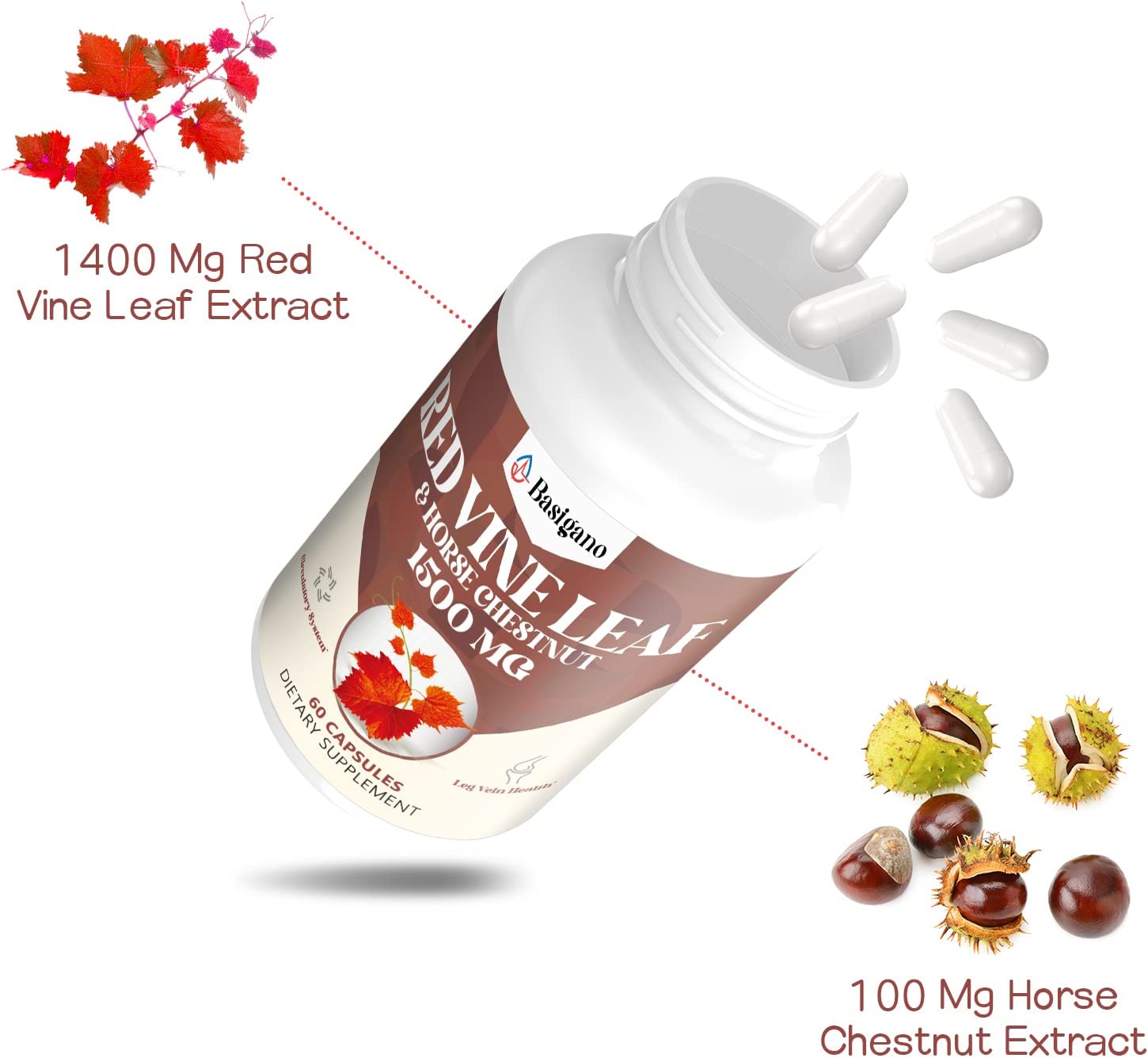 Red Vine Leaf & Horse Chestnut | Natural Vein Support Formula 1500mg | 60 Capsules