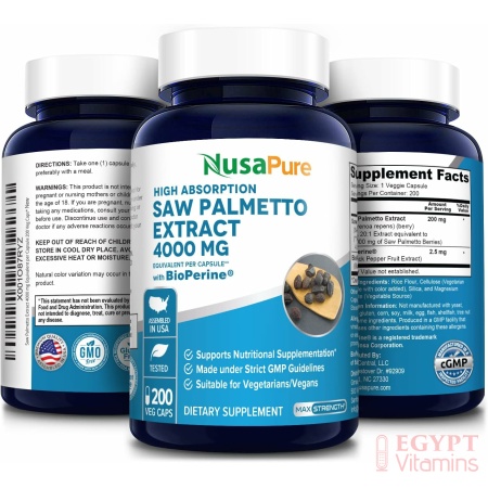 NusaPure Saw Palmetto Extract 4,000mg,with Bioperine, 200 Capsules