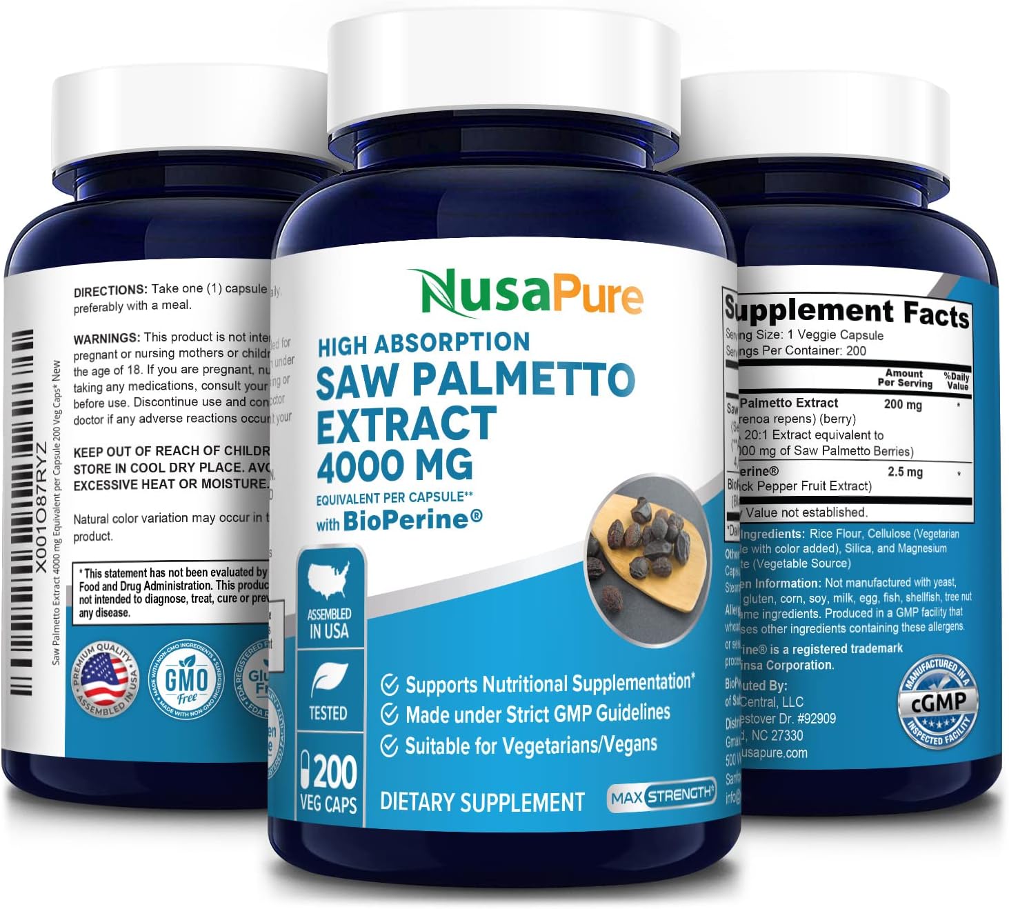 NusaPure Saw Palmetto Extract 4,000mg,with Bioperine, 200 Capsules