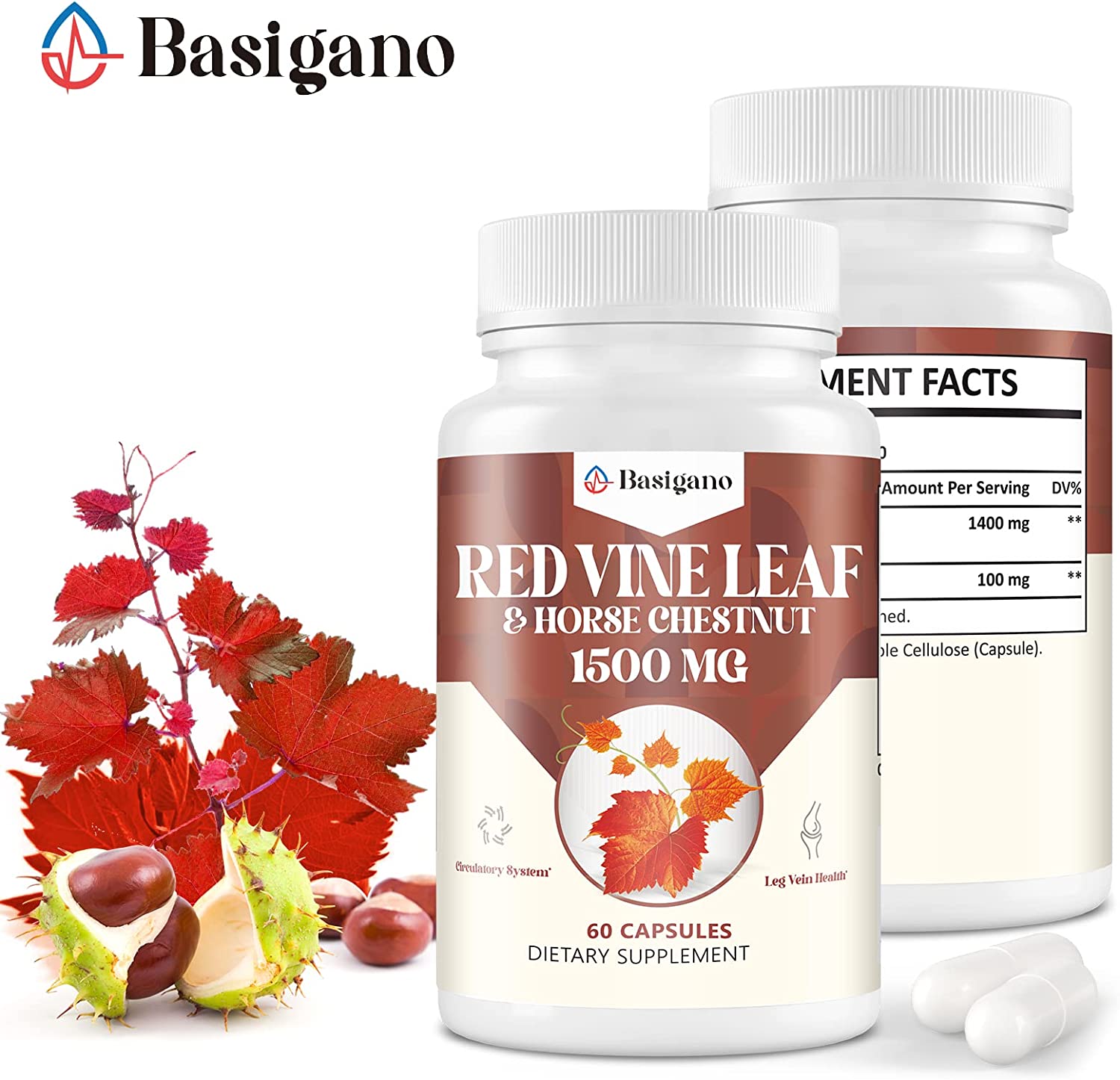 Red Vine Leaf & Horse Chestnut | Natural Vein Support Formula 1500mg | 60 Capsules
