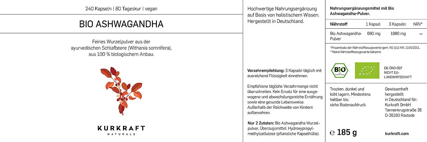 Kurkraft® Original Bio Ashwagandha - High Dose - Real Indian Sleepberry - Vegan, Laboratory Tested, German Production