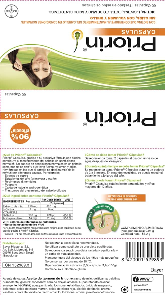 Priorin Capsules Food Supplement with Biotin, L-Cystine, Millet Extract and Pantothenic Acid, to Maintain Healthy Hair, 60 Capsules
