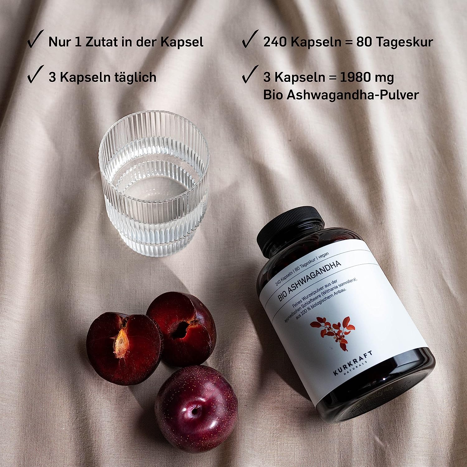 Kurkraft® Original Bio Ashwagandha - High Dose - Real Indian Sleepberry - Vegan, Laboratory Tested, German Production