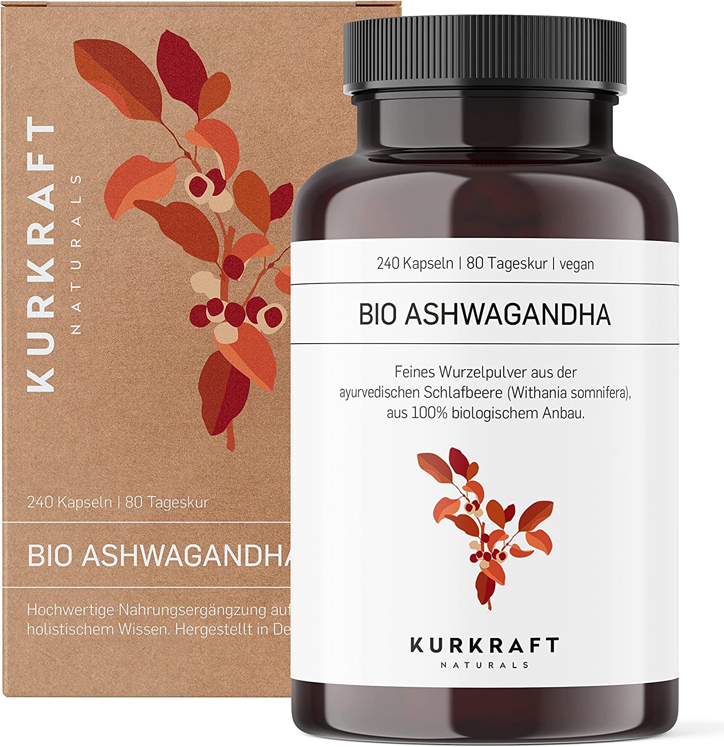 Kurkraft® Original Bio Ashwagandha - High Dose - Real Indian Sleepberry - Vegan, Laboratory Tested, German Production