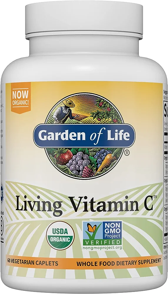 Garden of Life Vitamin C for Adults with Antioxidants & Citrus Bioflavonoids - Now Certified Organic - Living Vitamin C, Non-GMO Whole Food Vegetarian Nutritional Supplement, 60 Count (30 Day Supply)