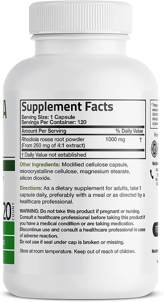 Bronson Rhodiola Rosea 1000mg Supplement - Adaptogenic Herb for Brain, Stress & Mood Support - Non-GMO, 120 Vegetarian Capsules - Image 3