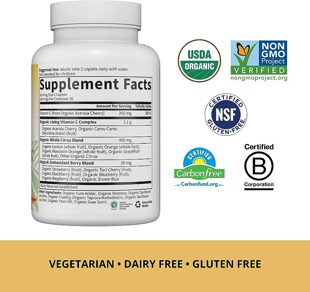 Garden of Life Vitamin C for Adults with Antioxidants & Citrus Bioflavonoids - Now Certified Organic - Living Vitamin C, Non-GMO Whole Food Vegetarian Nutritional Supplement, 60 Count (30 Day Supply) - Image 6