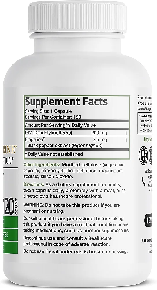 Bronson DIM Supplement 200 mg Diindolymethane with BioPerine for Enhanced Absorption, Estrogen Metabolism & Maintains Balanced Hormone Levels, 120 Vegetarian Capsules - Image 2