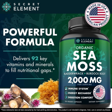 Organic Sea Moss Capsules - Burdock Root, Irish Moss and Bladderwrack Capsules - Immune System, Gut Cleanse & Thyroid Supplement - 120 Pills with All-Natural Sea Moss Powder