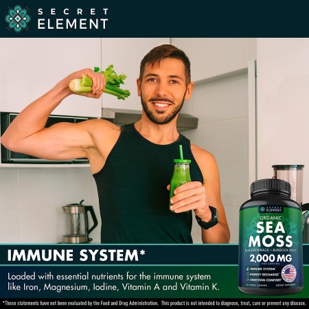 Organic Sea Moss Capsules - Burdock Root, Irish Moss and Bladderwrack Capsules - Immune System, Gut Cleanse & Thyroid Supplement - 120 Pills with All-Natural Sea Moss Powder