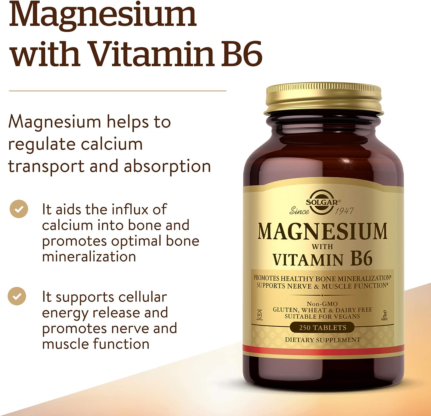 Solgar Magnesium with Vitamin B6, 250 Tablets - Promote Healthy Bone Mineralization, Support Nerve & Muscle Function, Energy Metabolism - Non-GMO, Vegan, Gluten Free, Dairy Free, Kosher - 83 Servings - Image 3