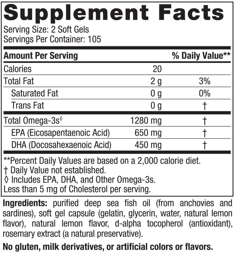 Nordic Naturals Ultimate Omega, Lemon Flavor - 210 Soft Gels - 1280 mg Omega-3 - High-Potency Omega-3 Fish Oil with EPA & DHA - Promotes Brain & Heart Health - Non-GMO - 105 Servingsاوميجا 3 تركيز 1280 مجم عبوه 210 كبسوله بطعم الليمون لتحسين صحة المخ والقلب - Image 2