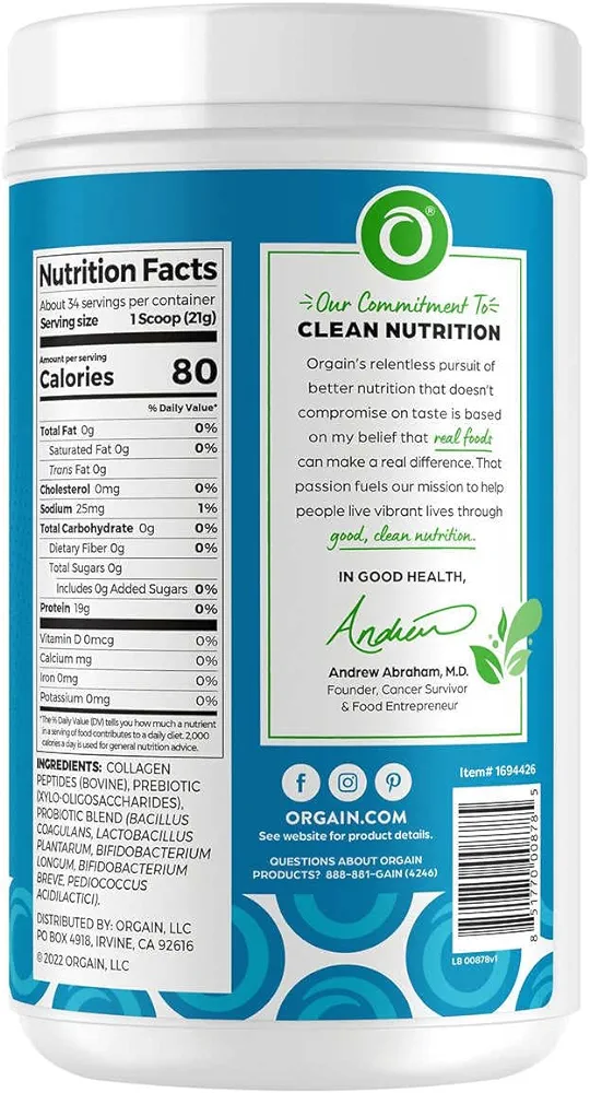 Orgain Collagen Peptides + Probiotics, Unflavored, 1.6 lbs</br>مسحوق الكولاجين الطبيعي مع البروبيوتك لتعزيز صحة الجهاز الهضمي وتحسين ليونة المفاصل والم العظام ولتقوية الشعر والاظافر وتحسين صحة الجلد - Image 2