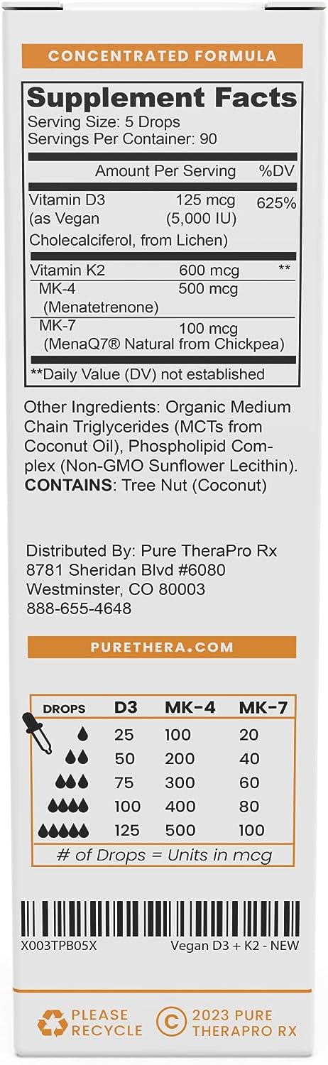 Pure Therapro Rx Vegan D3 + K2 Organic 100% Liposomal | 180 Servings | Maximum Absorption Vitamin D3 and Vitamin K2 Supplements for Men and Women, D3 Vitamin 5000 IU, Liquid Vitamin D3 with K2-20 mL - Image 2
