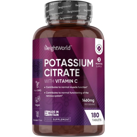Potassium Supplement 1460mg with Vitamin C - 3 Months Supply (180 Vegan Potassium Tablets) - High Strength Potassium Citrate - Natural Electrolytes Support