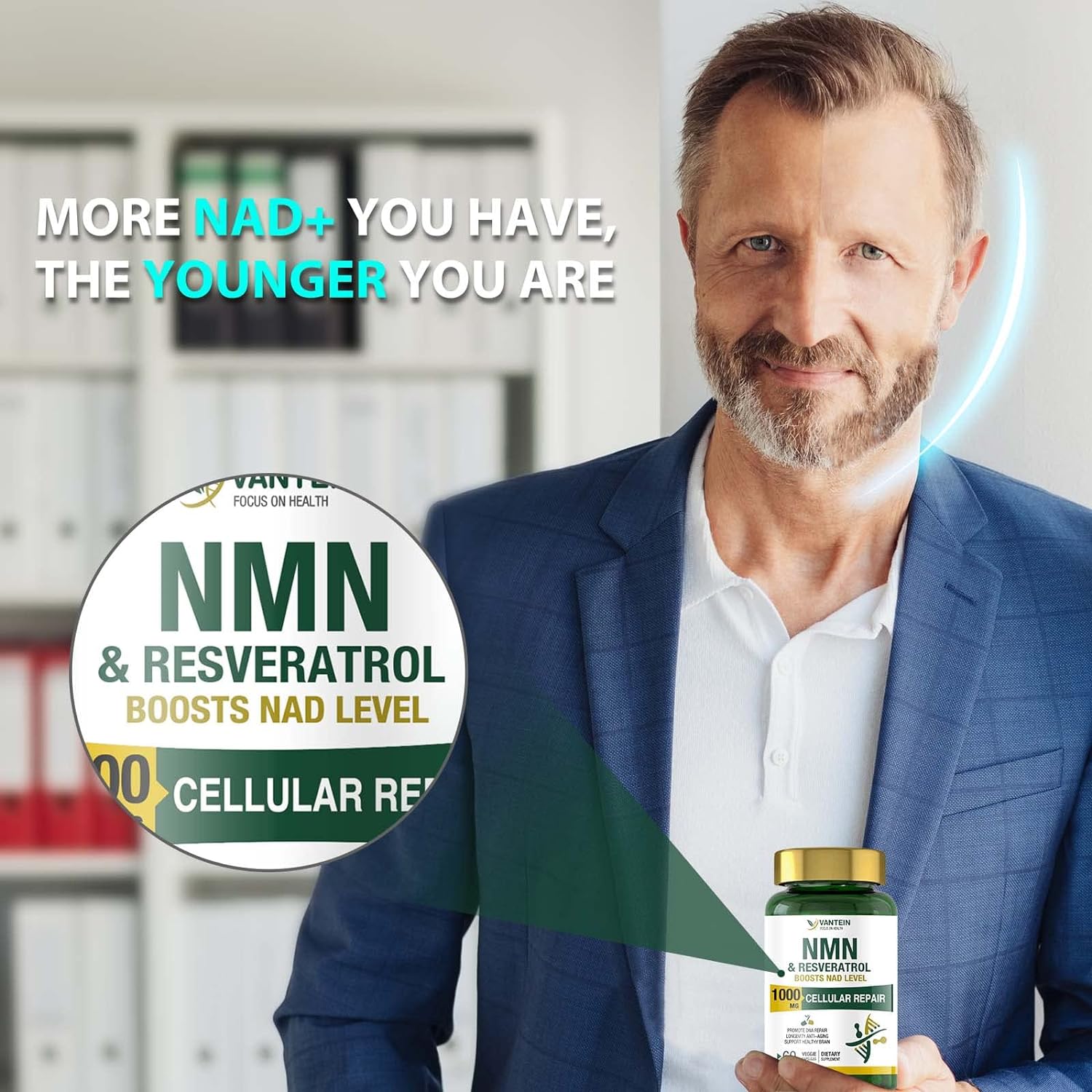 NMN & Resveratrol 1000MG, Supports Anti-Aging, Boost NAD, Cellular Energy Metabolism - 60 CAPSULES إن.إم.إن + ريسفيراتول: مكمل غذائي مضاد للشيخوخة وداعم للطاقة الخلوية, 60 كبسولة - Image 5