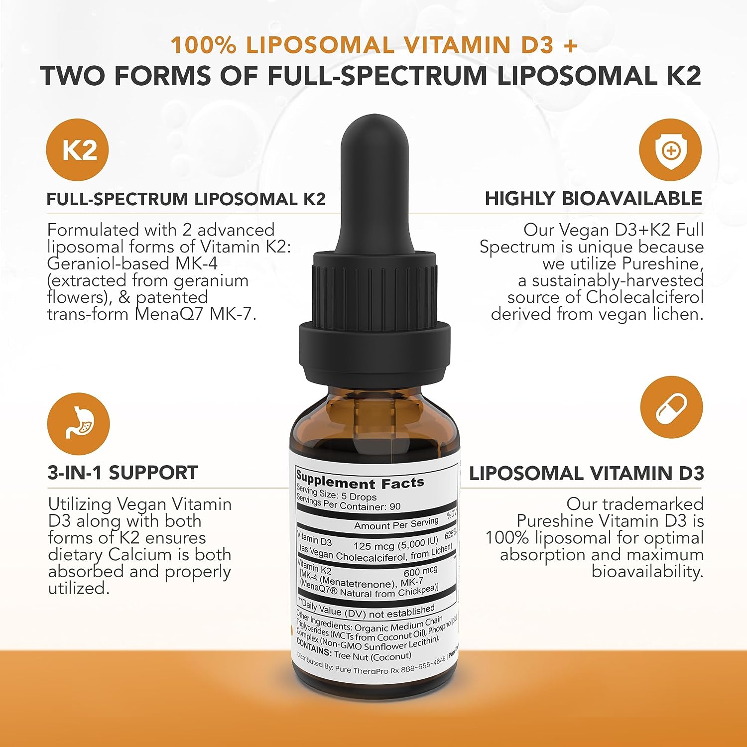 Pure Therapro Rx Vegan D3 + K2 Organic 100% Liposomal | 180 Servings | Maximum Absorption Vitamin D3 and Vitamin K2 Supplements for Men and Women, D3 Vitamin 5000 IU, Liquid Vitamin D3 with K2-20 mL - Image 8