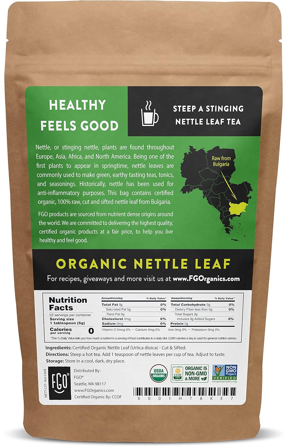FGO Organic Nettle Leaf Loose Tea, Resealable Kraft Bag | 4oz - Image 2