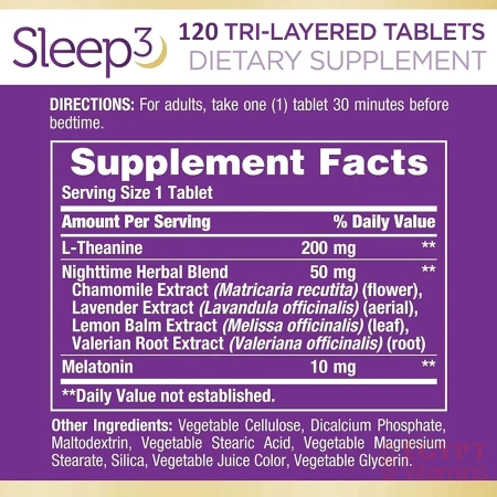 ingredients of Nature’s Bounty Sleep3 10mg. Melatonin, 120 Tablets