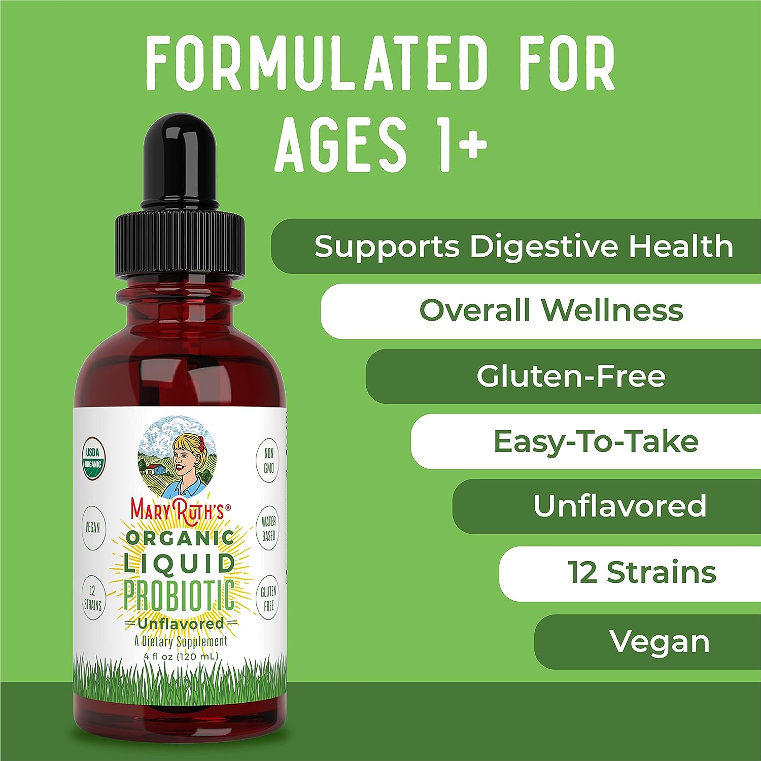 MaryRuth's USDA Organic Liquid Probiotics | Improves Immune Function for Men | Women & Kids | 12 Live Strains Flora w/Acidophilus Probiotic | Vegan | Non-GMO | 4 Fl Oz