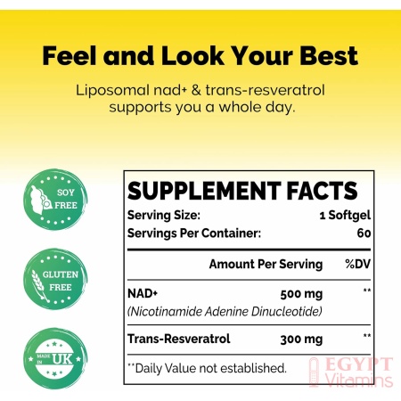 ingredients of Liposomal NAD+ & Trans-Resveratrol 800mg Softgels, High Absorption, Actual NAD+ Supplement for Cellular Repair, 60 Softgels