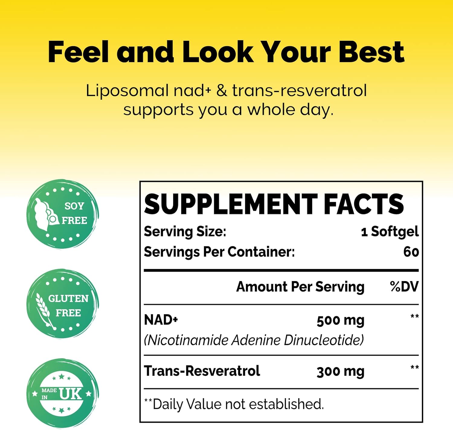 ingredients of Liposomal NAD+ & Trans-Resveratrol 800mg Softgels, High Absorption, Actual NAD+ Supplement for Cellular Repair, 60 Softgels