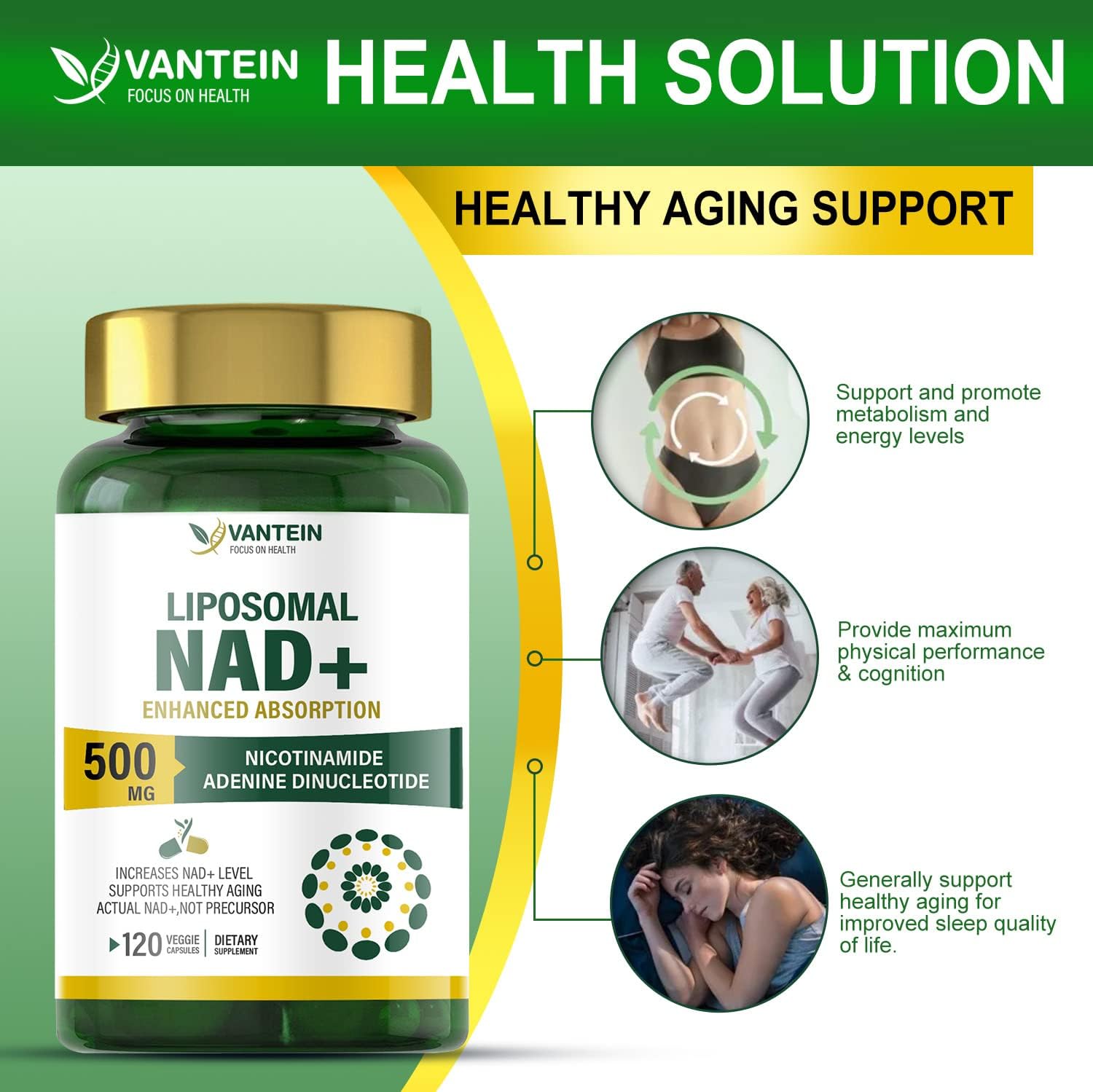 Liposomal NAD+ 500 mg Supplement, Ultra Purity High Absorption, Boost NAD+ More Efficient Than NMN, Nicotinamide Riboside Alternative for Anti-Aging & Antioxidant, Metabolism and Energy - 120 Veg Caps