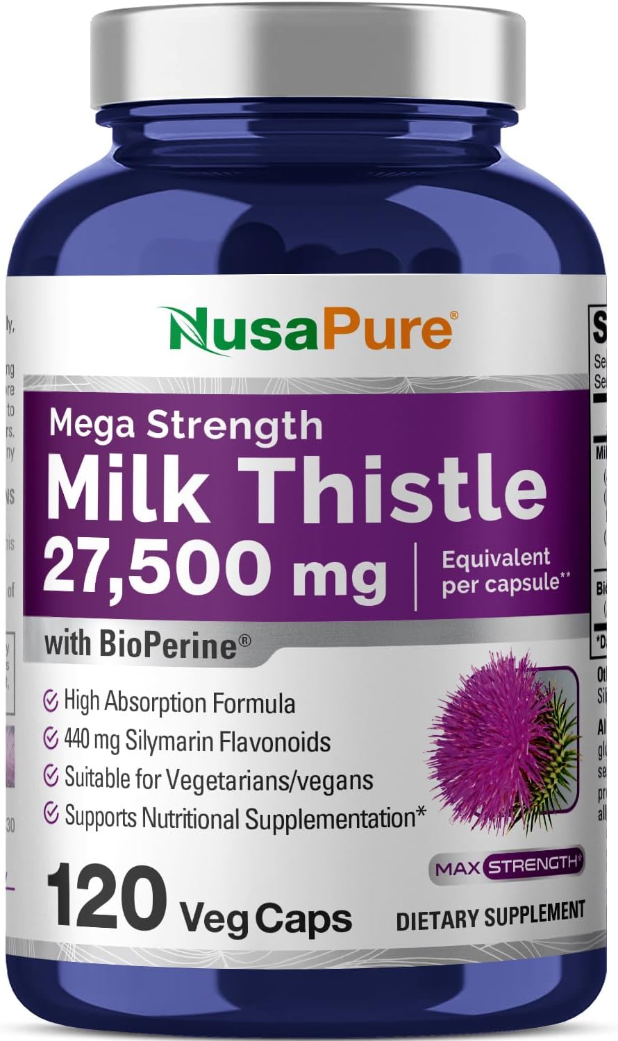 NusaPure Milk Thistle Extract 27,500mg 120 Veggie Capsules (50:1 Extract, Non-GMO, Gluten Free) Max Strength - Standardized 80% Silymarin with Bioperine