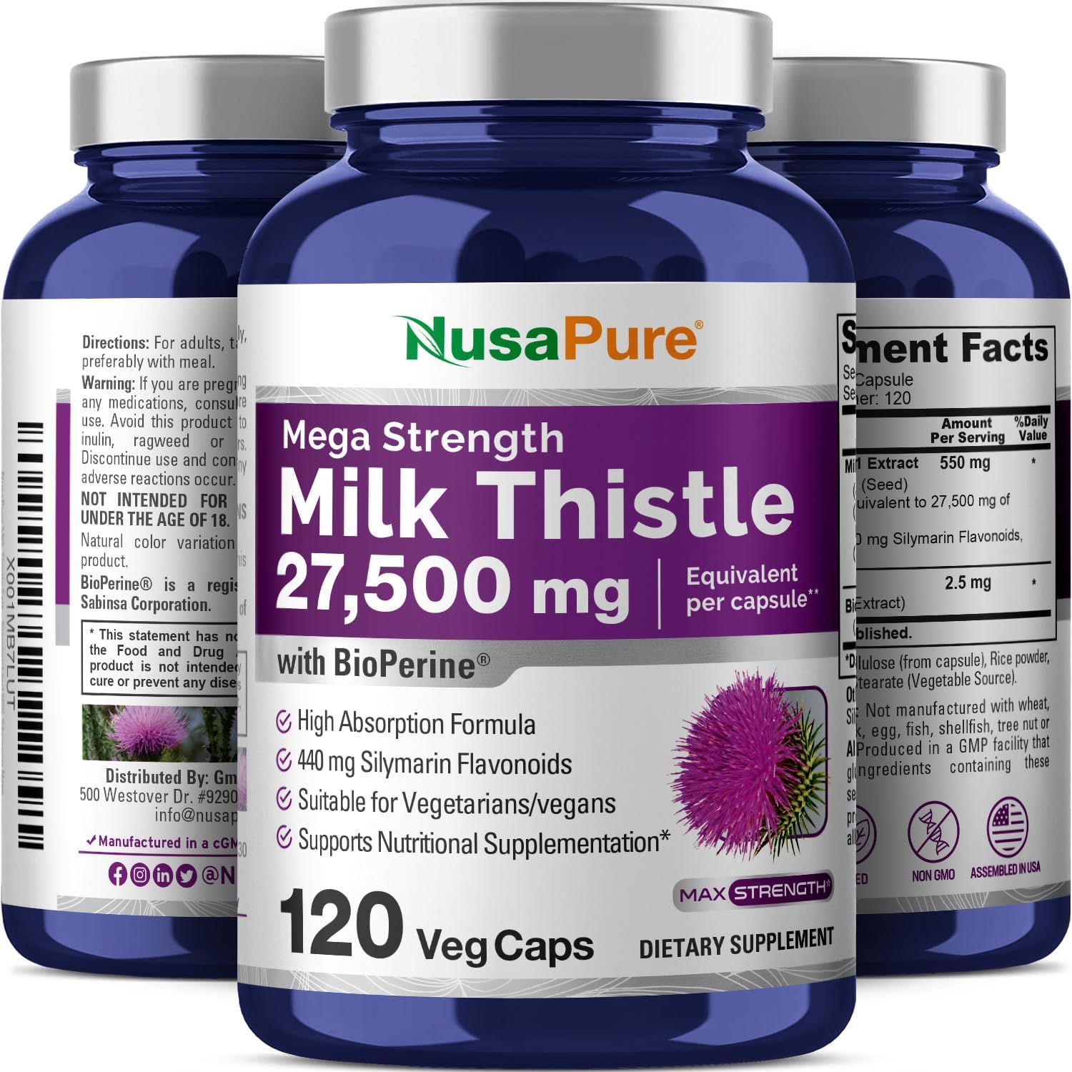 NusaPure Milk Thistle Extract 27,500mg 120 Veggie Capsules (50:1 Extract, Non-GMO, Gluten Free) Max Strength - Standardized 80% Silymarin