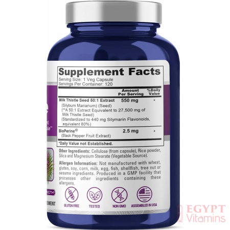 ingredients of NusaPure Milk Thistle Extract 27,500mg 120 Veggie Capsules (50:1 Extract, Non-GMO, Gluten Free) Max Strength - Standardized 80% Silymarin with Bioperine