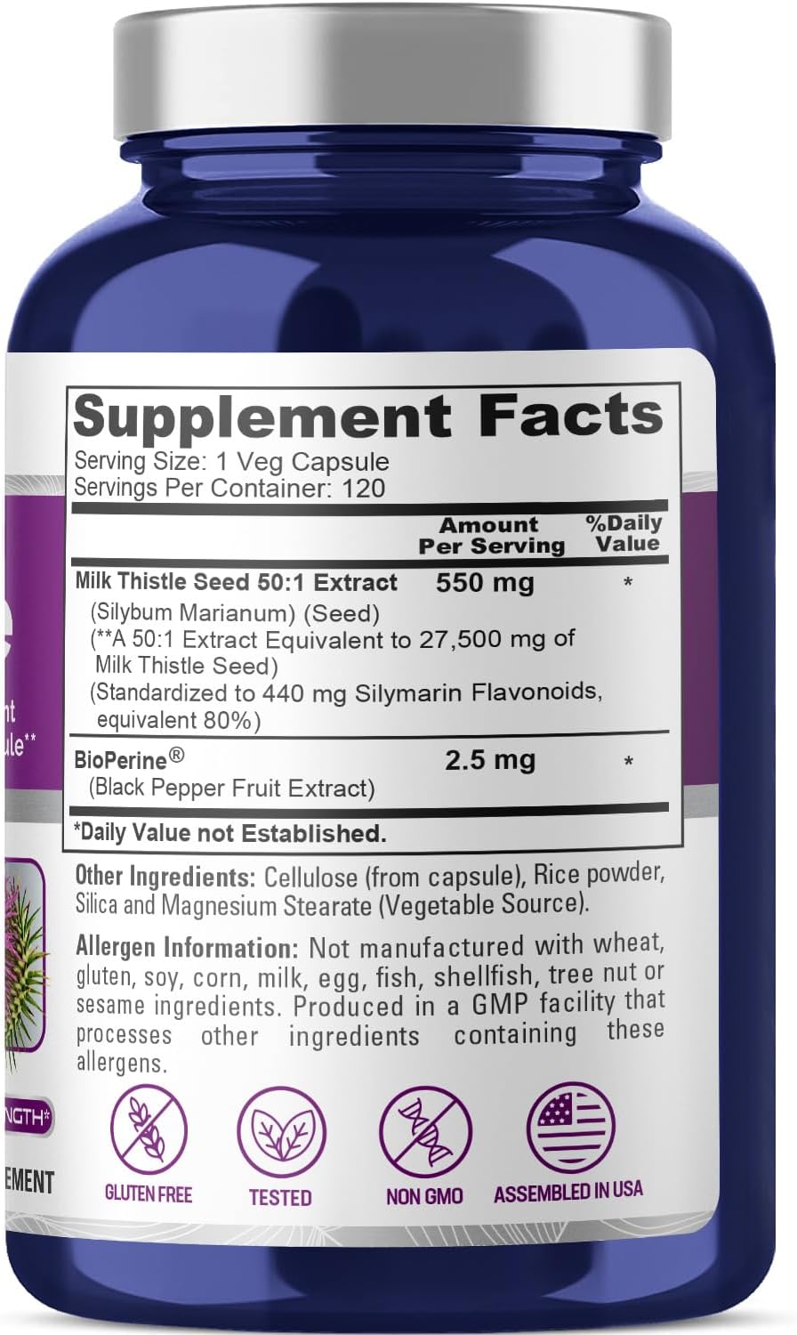 ingredients of NusaPure Milk Thistle Extract 27,500mg 120 Veggie Capsules (50:1 Extract, Non-GMO, Gluten Free) Max Strength - Standardized 80% Silymarin with Bioperine