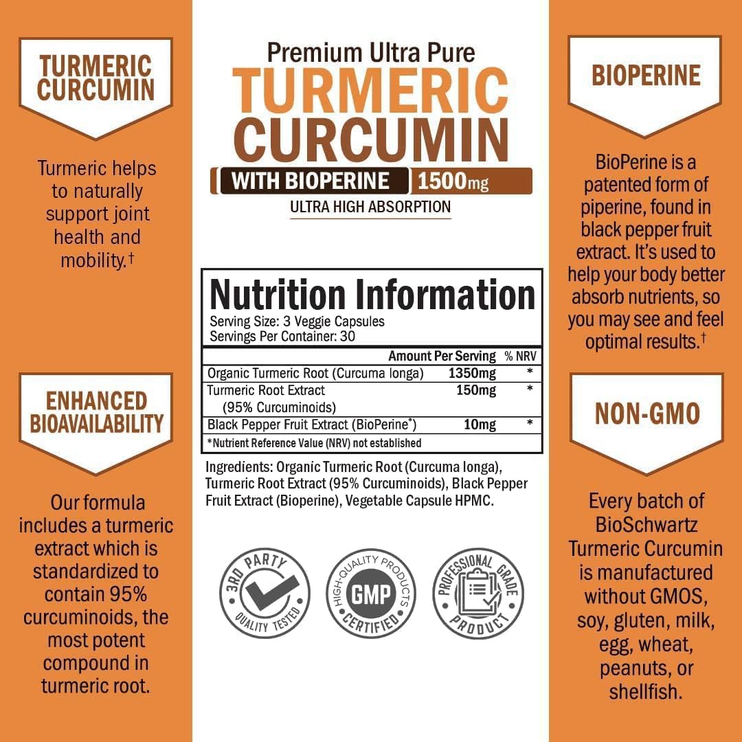 Bio Schwartz | Turmeric Curcumin with Black Pepper Extract 1500mg | 90 Capsules - Image 2