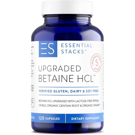 Essential Stacks Betaine HCL with Pepsin, Ox Bile, Organic Gentian & Ginger - Betaine Hydrochloride Supplement w Digestive Enzymes, Bile & Bitters - Gluten, Dairy & Soy Free (120 Capsules)