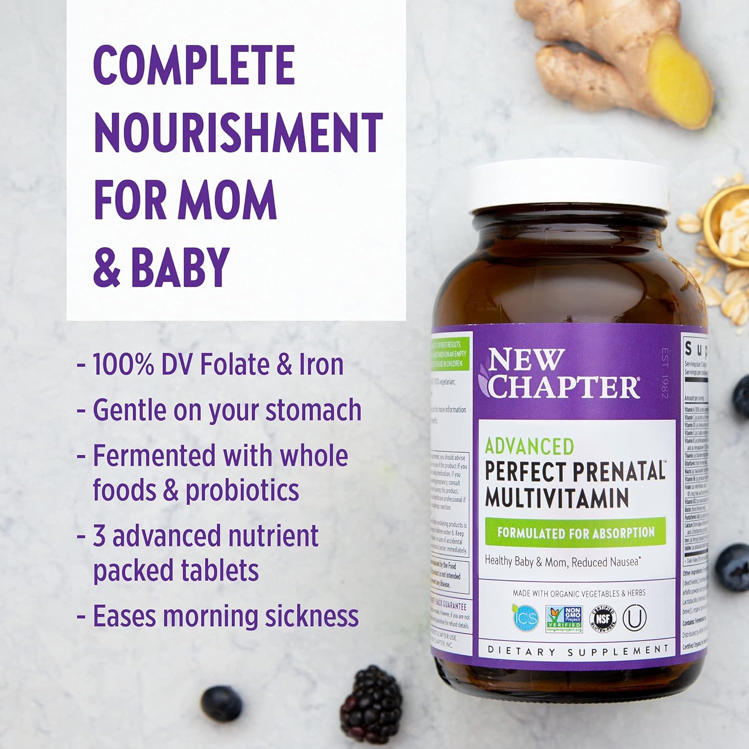 New Chapter Advanced Perfect Prenatal Vitamins, 270ct, Made with Organic, Non-GMO Ingredients for Healthy Baby & Mom - Folate (Methylfolate), Whole-Food Fermented Iron, Vitamin D3 + Ginger - Image 7
