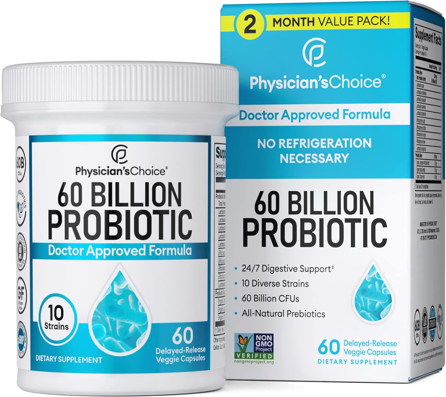 Physician's Choice Probiotics 60 Billion CFU - Probiotics for Women, Probiotics for Men and Adults, Natural, Shelf Stable Probiotic Supplement with Organic Prebiotic, Acidophilus Probioticبروبيوتيك 60 مليار وحدة دولية للرجال والنساء بروبيوتيك عضوى وطبيعى 60 كبسولة نباتية