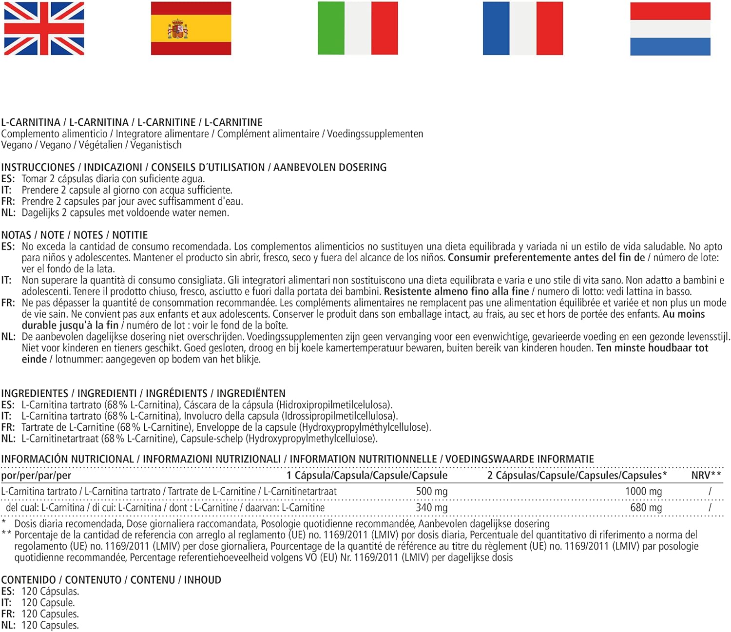 Vitamaze L-Carnitine 680mg 120 vegan capsules - Image 5