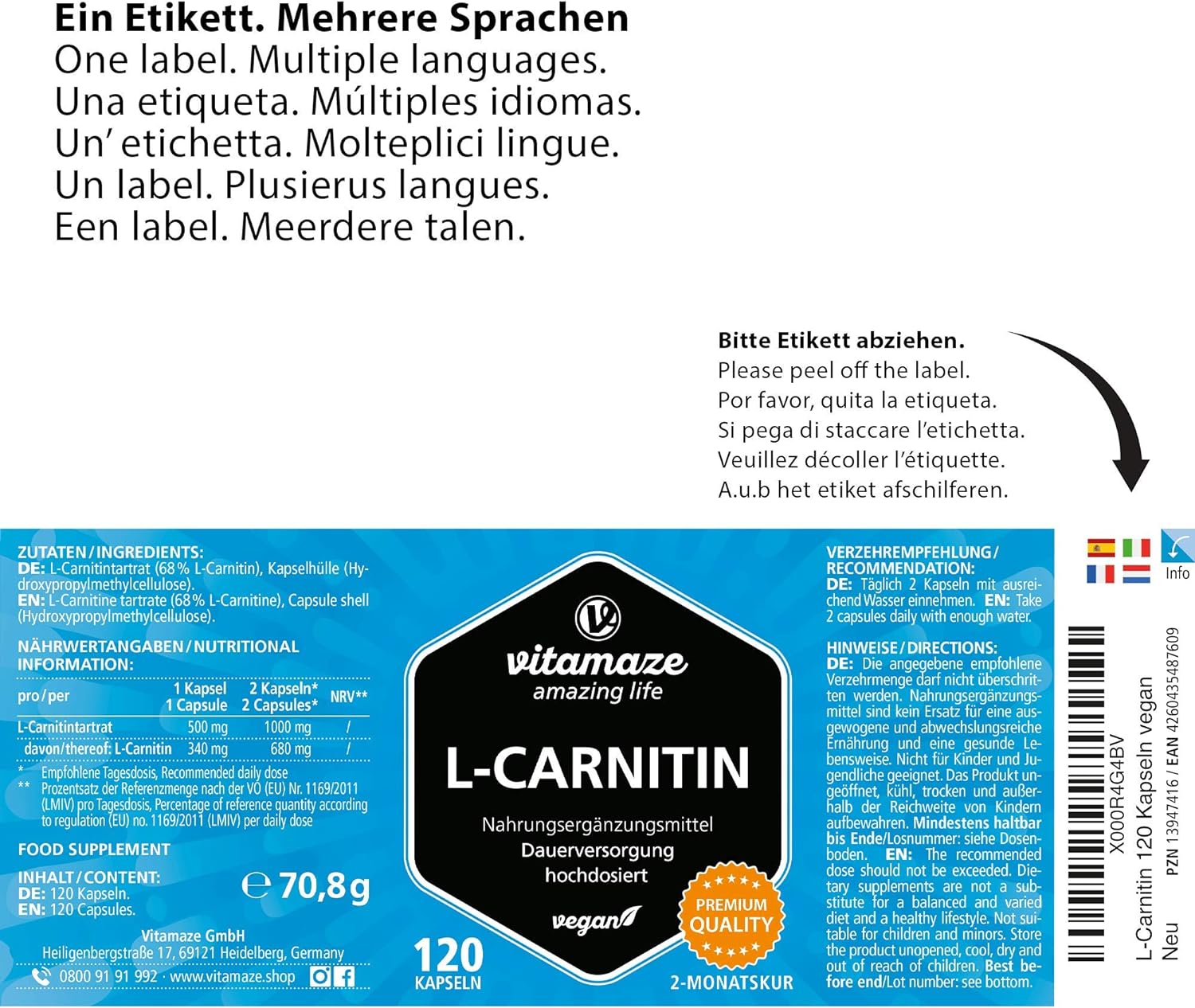 Vitamaze L-Carnitine 680mg 120 vegan capsules - Image 2
