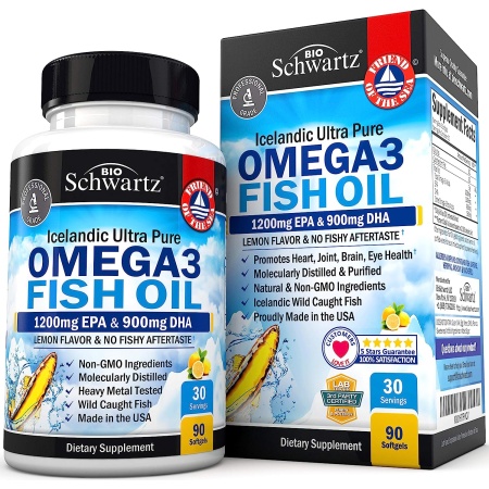 Omega 3 Fish Oil Supplement - 1200mg EPA and 900mg DHA Fatty Acid Per Serving from Wild Caught Fish - Supports Joint, Eyes, Brain & Skin Health - Burpless Lemon Flavor , 90 Softgels